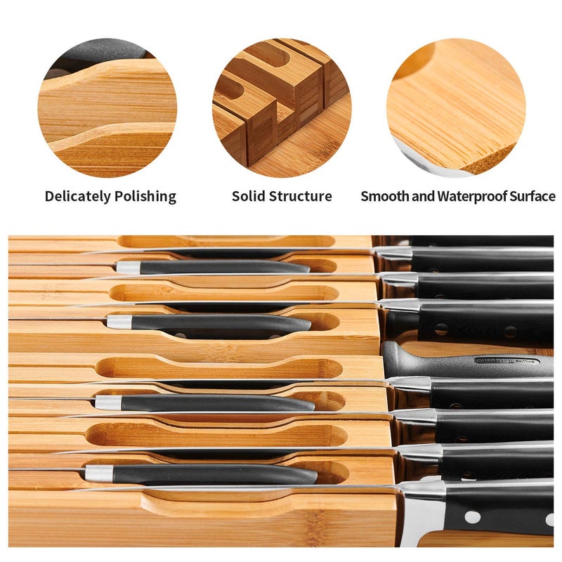 VaeFae In-Drawer Knife Block,Bamboo Knife Drawer Organizer Insert, Kitchen Knife Drawer Storage for 16 Knives PLUS a Slot for your Knife Sharpener (Without Knives) - Image 5
